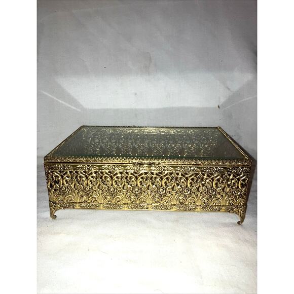 VINTAGE JEWEL CASKET Velvet Lined Beveled Glass Lid Mid Century Storage & Organization